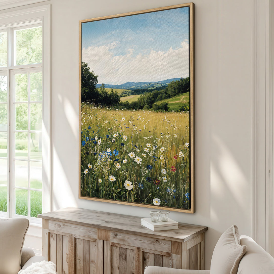 Framed Wall Art: Stunning landscape Canvas Print featuring a wildflower meadow, with a serene blue, green, and yellow color palette. Perfect for adding a touch of nature to your home.