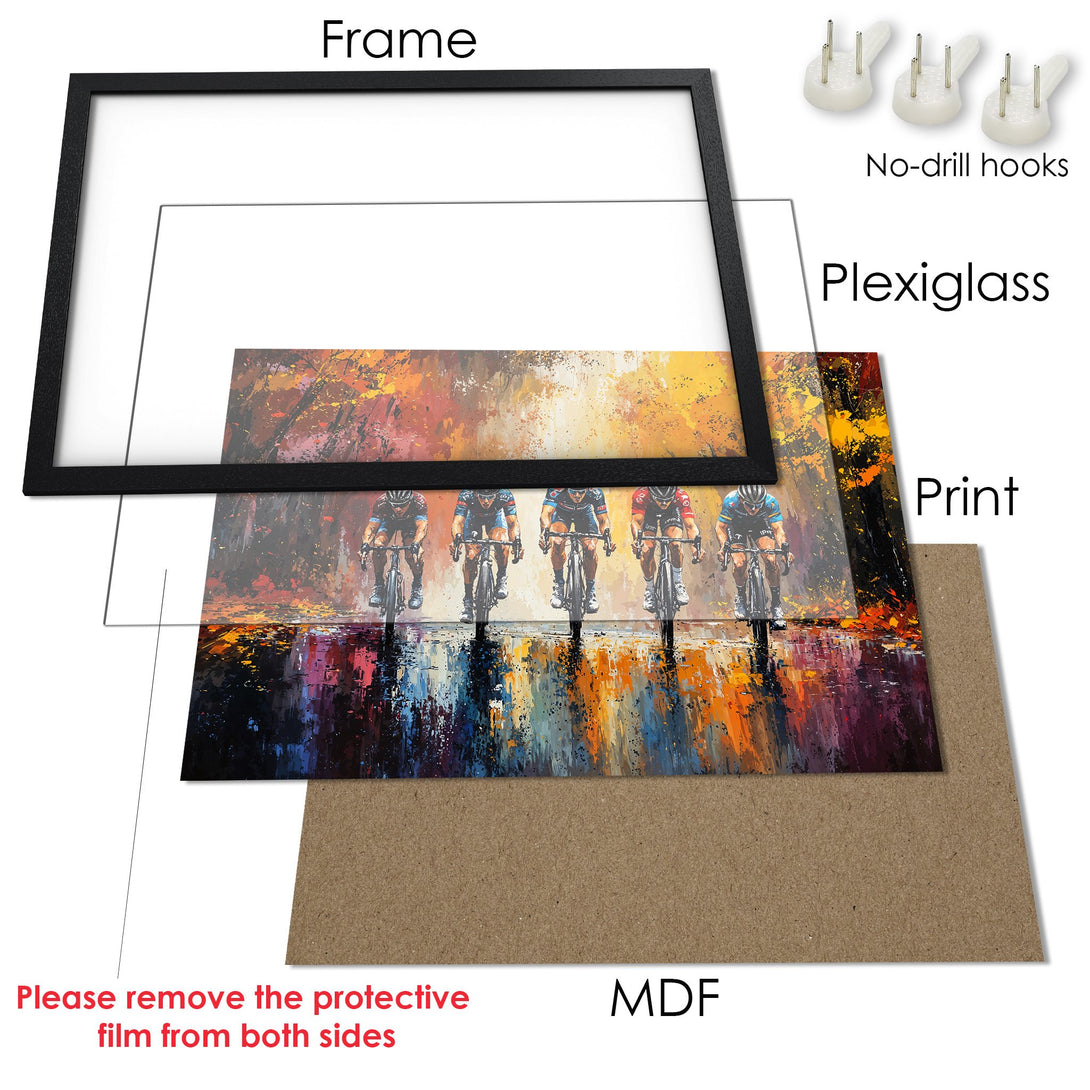 Framed Poster featuring cyclists in an abstract style with a warm color palette. Perfect wall art for any space.