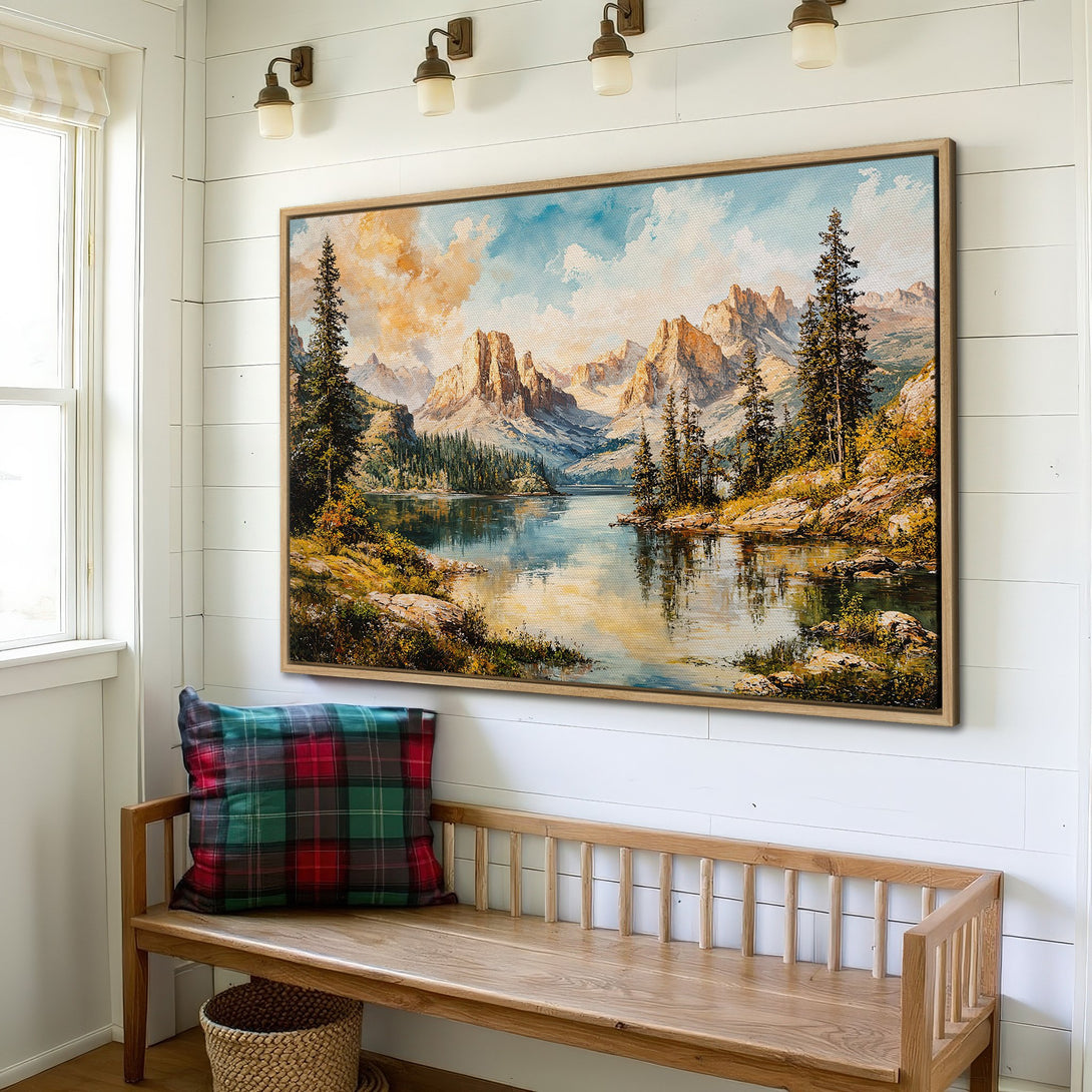 Framed Wall Art: Mountain landscape Canvas Print in warm tones. Rustic style art with a serene lake scene, perfect for home decor.