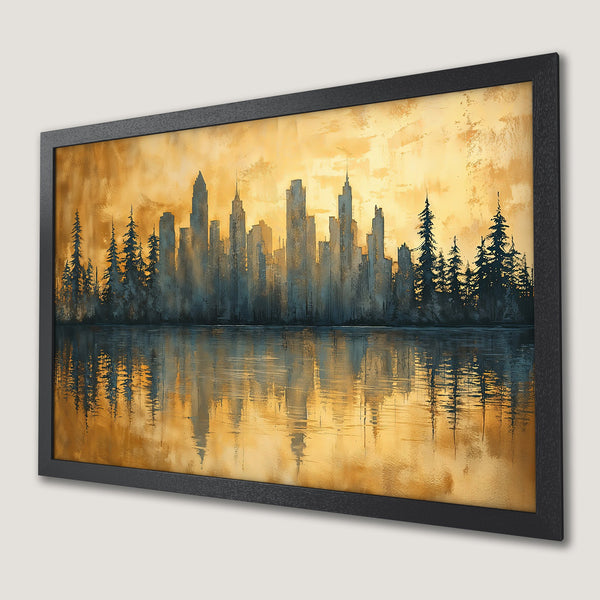 Framed Poster of a cityscape reflecting in water, with a warm gold and blue color palette, perfect wall art.