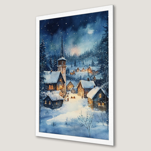 Framed Poster of a winter village scene. Watercolor style, blue and white color palette. Cozy home decor for the holidays.