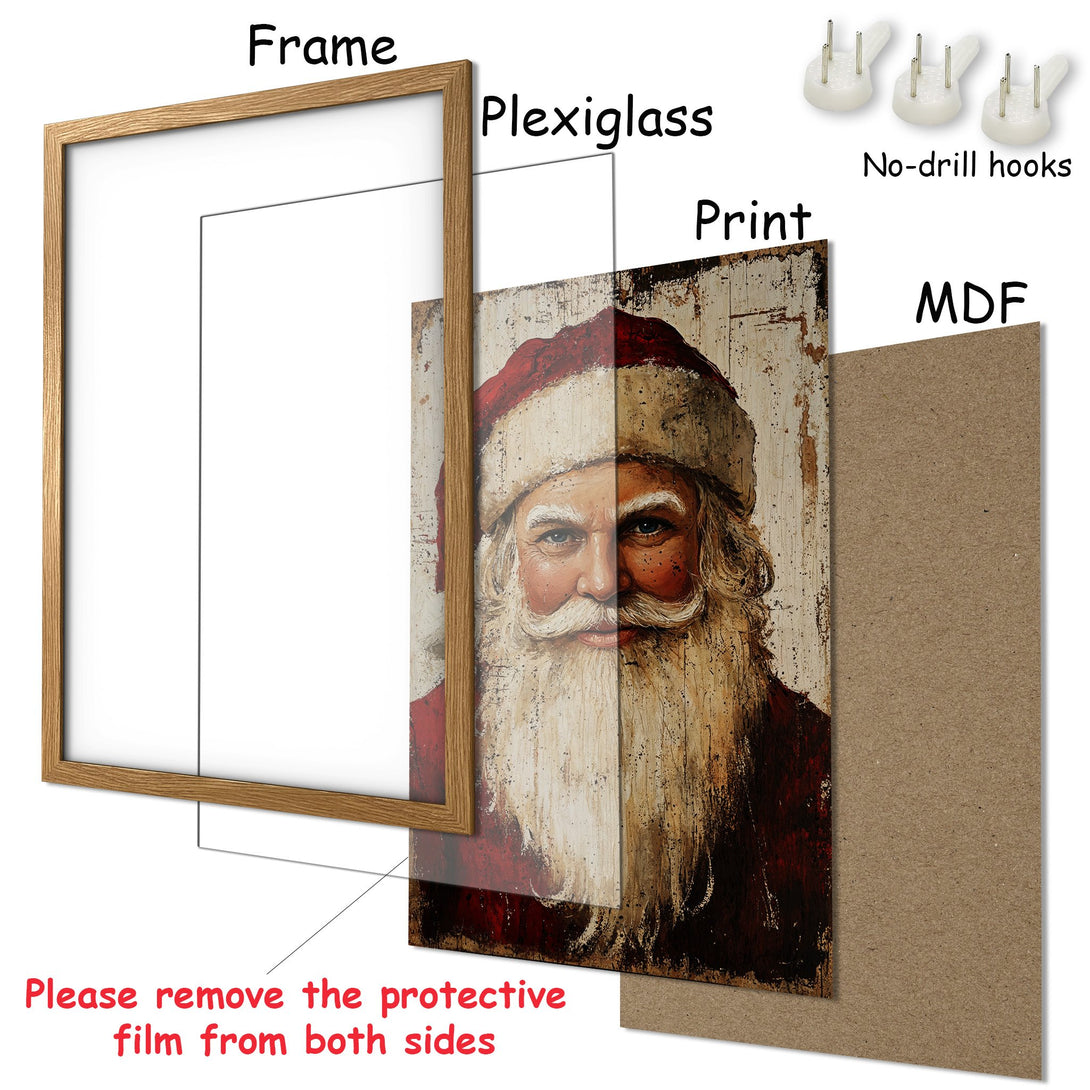Framed Poster of Santa Claus in vintage style with a warm color palette. Perfect Christmas decor!