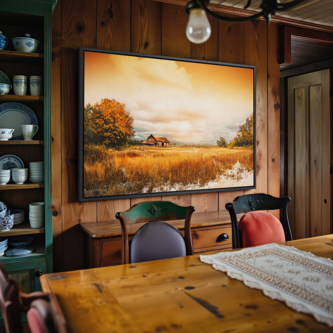 Framed Wall Art: Rustic landscape Canvas Print with warm orange and yellow tones. Perfect for adding a cozy, farmhouse style to your home.