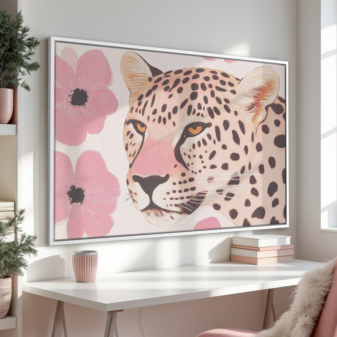 Canvas Print featuring a leopard with pink flowers. Modern, minimalist style in a soft pink and neutral color palette. Perfect wall art for any room.