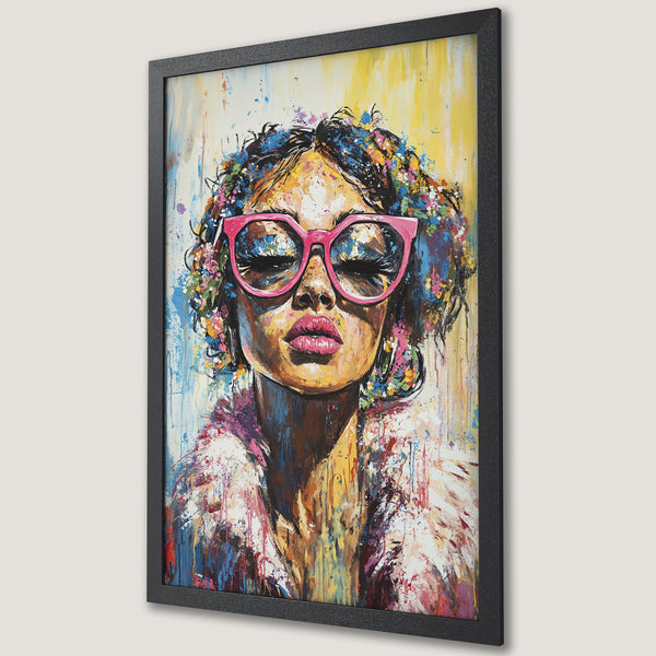 Framed Poster: Pop art portrait of a woman with pink glasses, vibrant colors, and a textured style. Perfect wall art!
