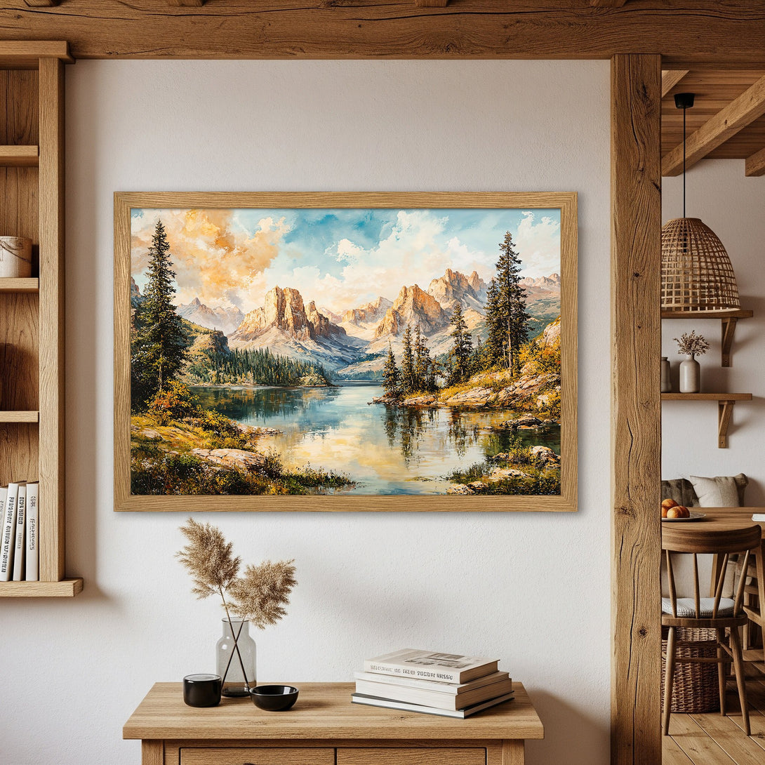 Framed Poster featuring a stunning mountain lake landscape painting in warm, earthy tones. Perfect wall art for a cozy home!