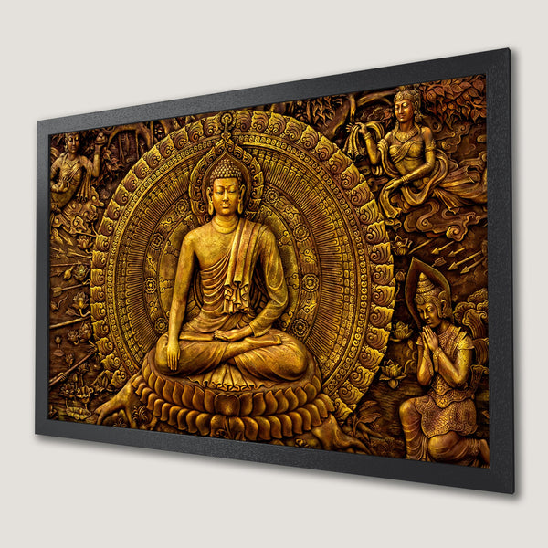 Framed Poster of Buddha in gold relief art. Stunning religious decor with intricate details and warm, earthy tones. Perfect for meditation spaces.