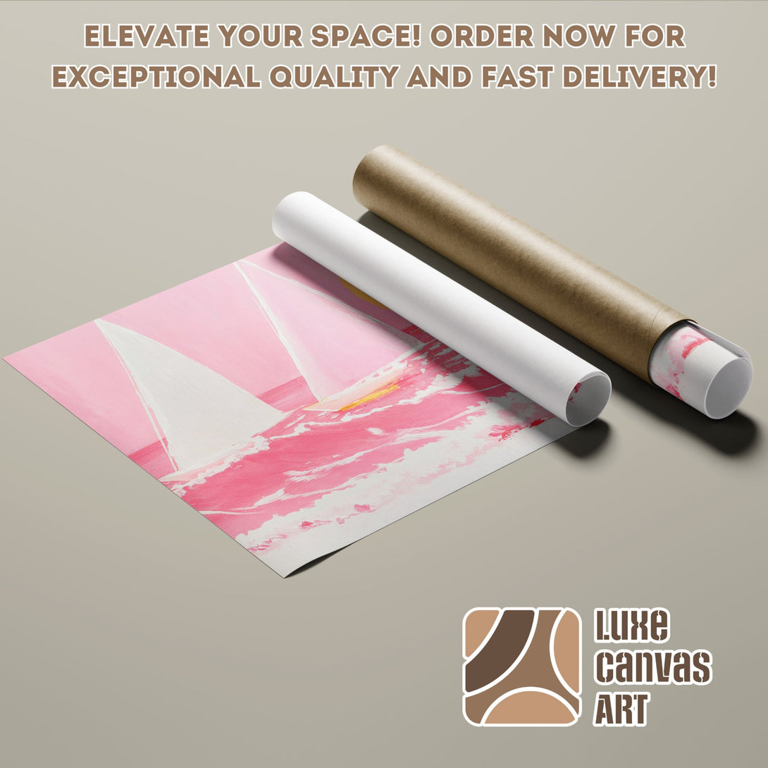 Pink sailboat art poster roll. Modern style, vibrant pink palette. Order now for fast delivery!