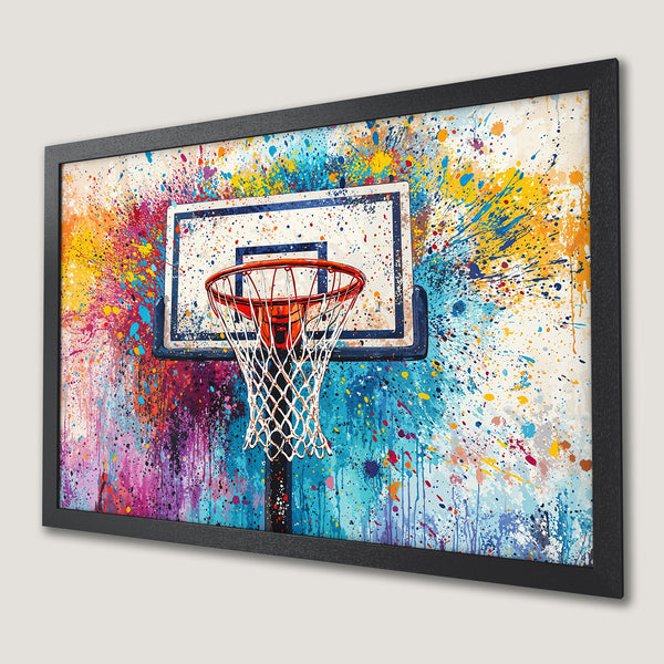 Framed Poster of a basketball hoop with colorful paint splatter art. Vibrant, energetic, and modern.