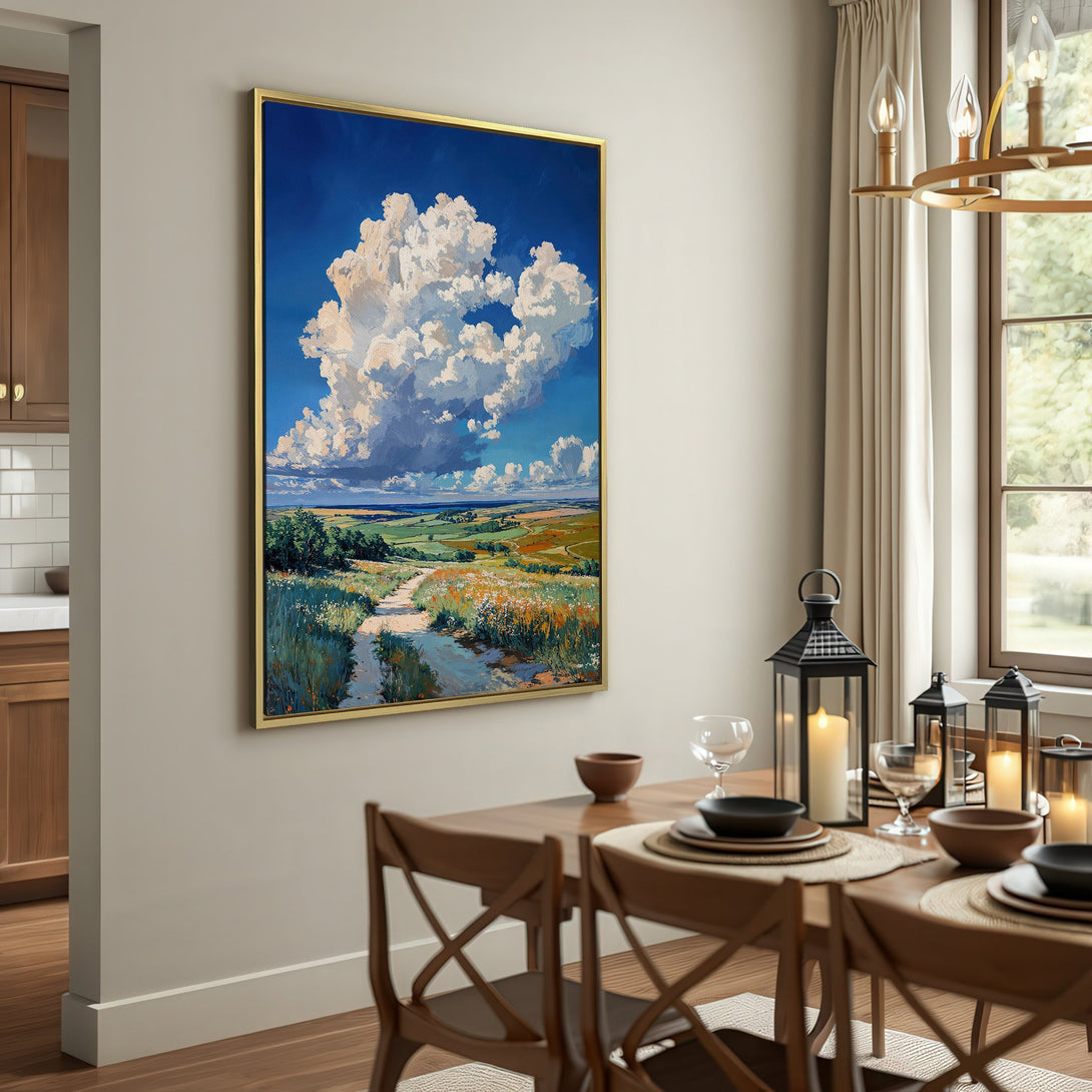 Canvas Print of a landscape painting with a dramatic cloudscape, in a warm, neutral color palette. Perfect wall art for any home!