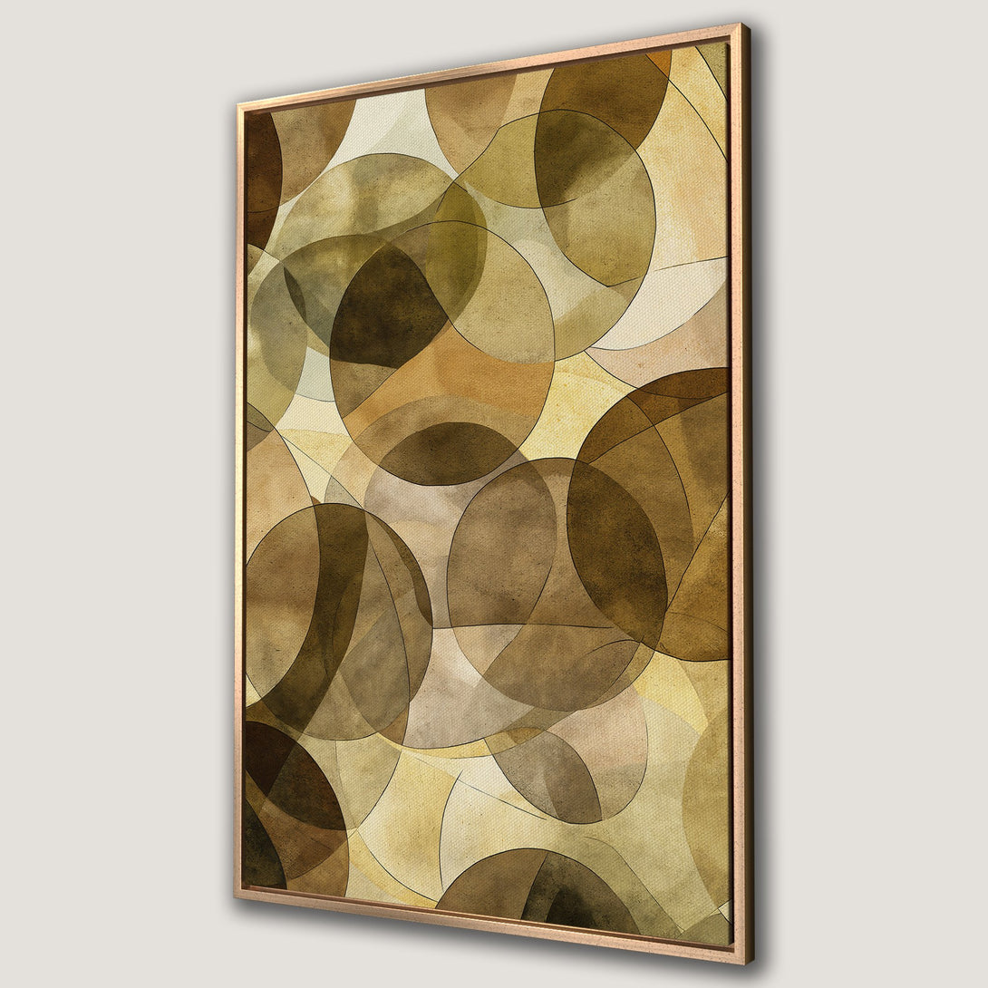 Framed Wall Art featuring an abstract geometric design with overlapping circles in a warm, earthy color palette. Perfect for modern decor.