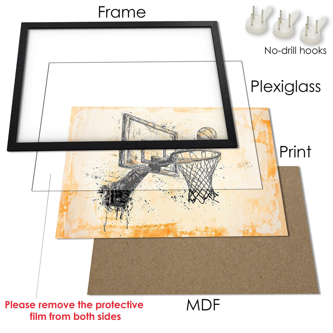 Framed Poster featuring a basketball hoop in a sketch style with a warm, neutral color palette. Perfect wall art!