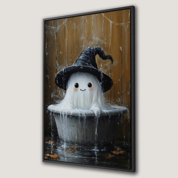 Framed Wall Art: Adorable ghost in a witch hat taking a bath. Whimsical art with a warm, autumnal color palette. Perfect Halloween decor!