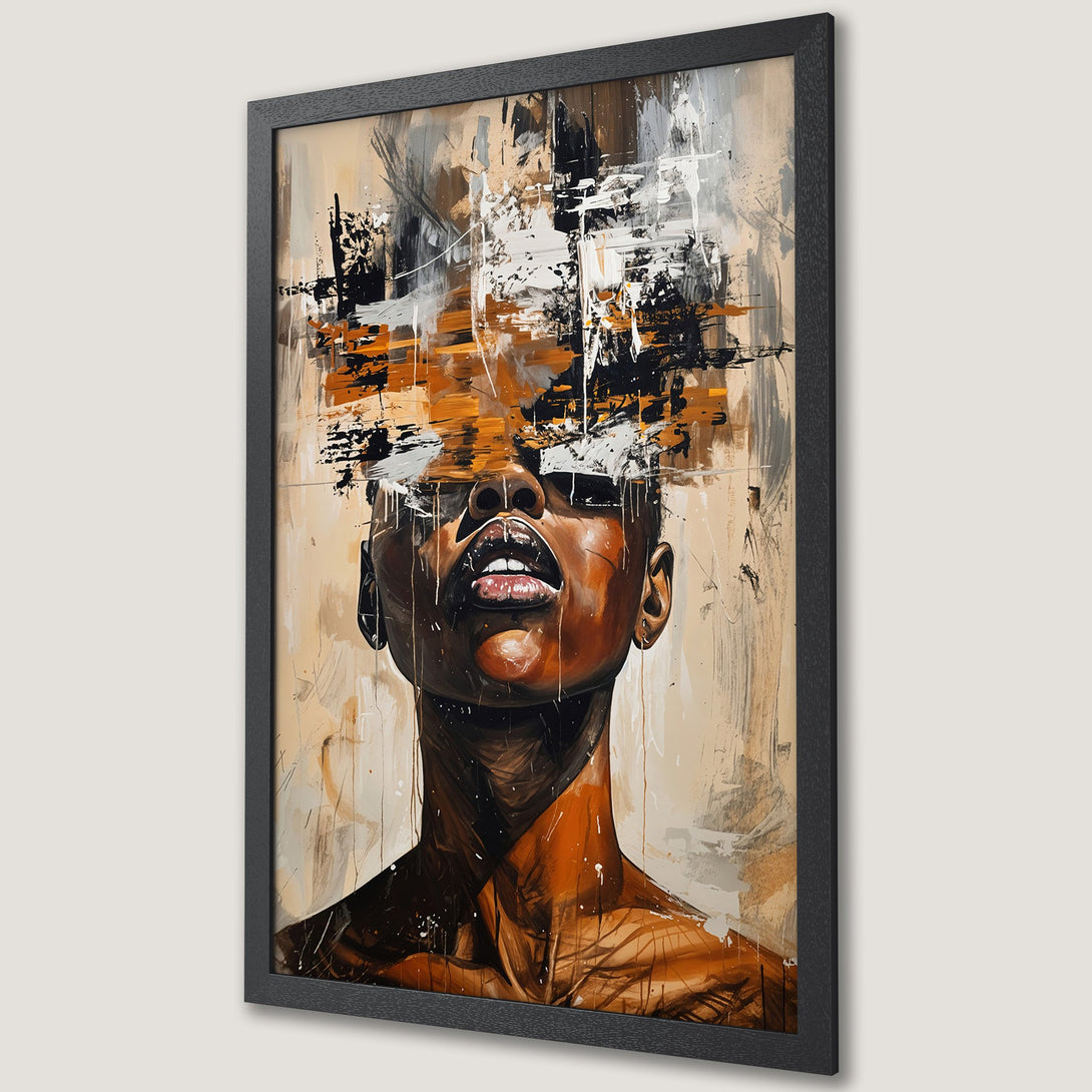 Framed Poster featuring an abstract portrait in warm brown, black, and white tones. Modern art print for stylish home decor.