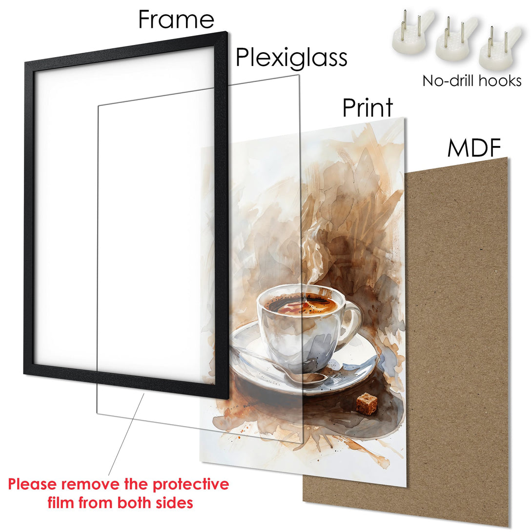 Framed Poster featuring a watercolor coffee cup. Warm, neutral color palette. Perfect wall art for your kitchen or cafe!