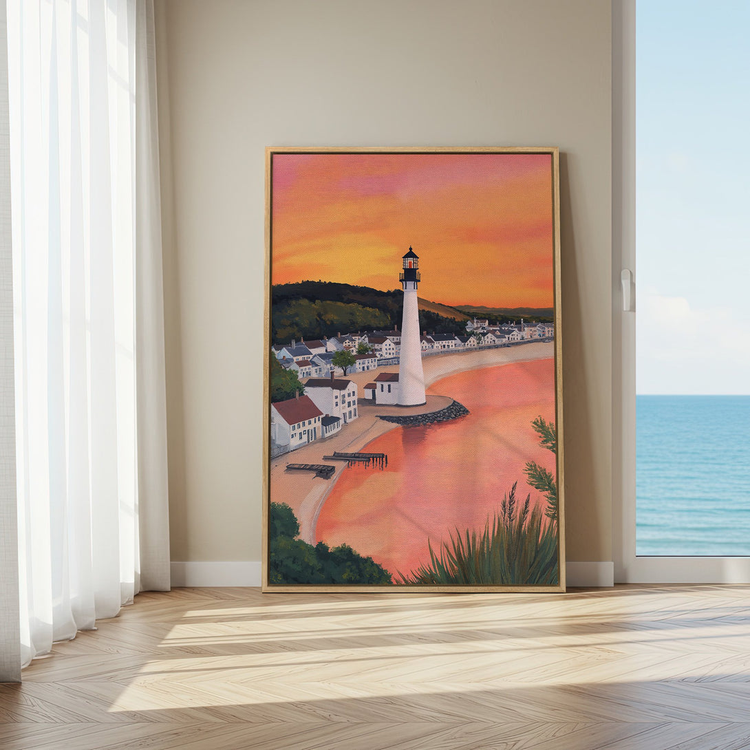 Framed Wall Art: Coastal lighthouse painting with warm sunset colors. Perfect for adding a touch of art and style to your home decor.