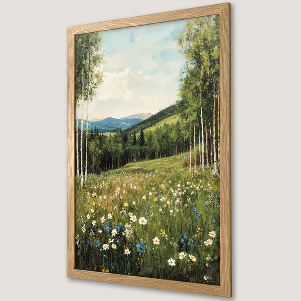 Framed Poster of a serene landscape painting with wildflowers, trees, and mountains. Earthy tones and a calming style. Perfect wall art.