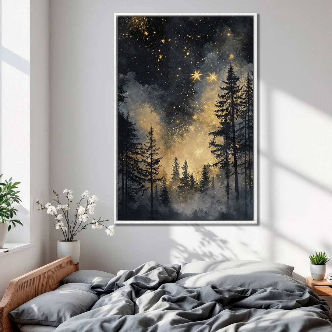 Framed Wall Art: Forest scene with starry sky in black, gold, and gray tones. Perfect for bedroom decor. Add a touch of nature to your space!