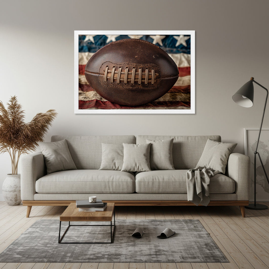 Framed Poster featuring a vintage football over an American flag. Rustic style, warm brown and red color palette. Perfect wall art!