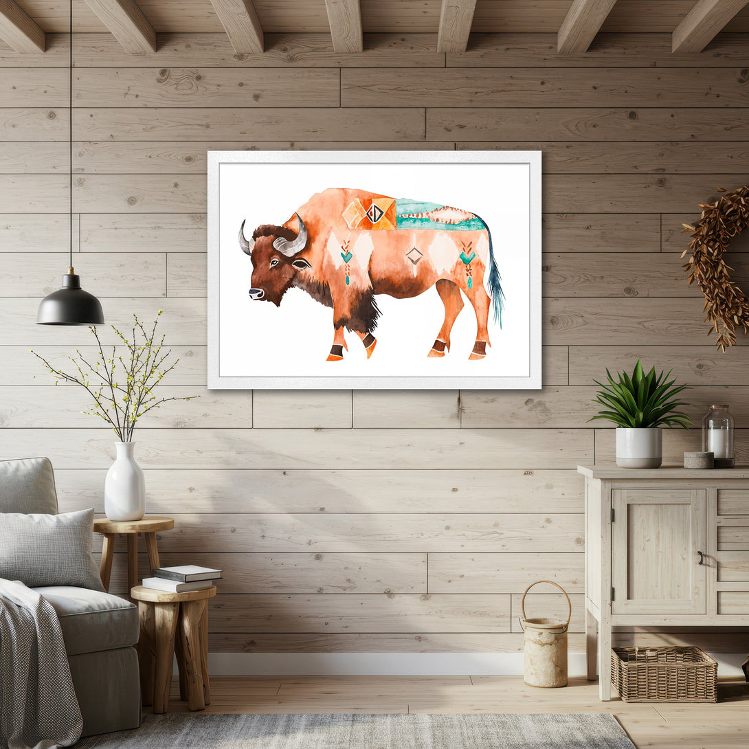 Framed Poster featuring a watercolor bison in earthy tones. Rustic style art print perfect for home decor. Shop now!