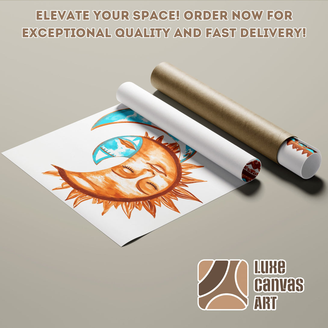 Poster Roll featuring a sun and moon illustration in warm orange and teal tones. Perfect wall art!