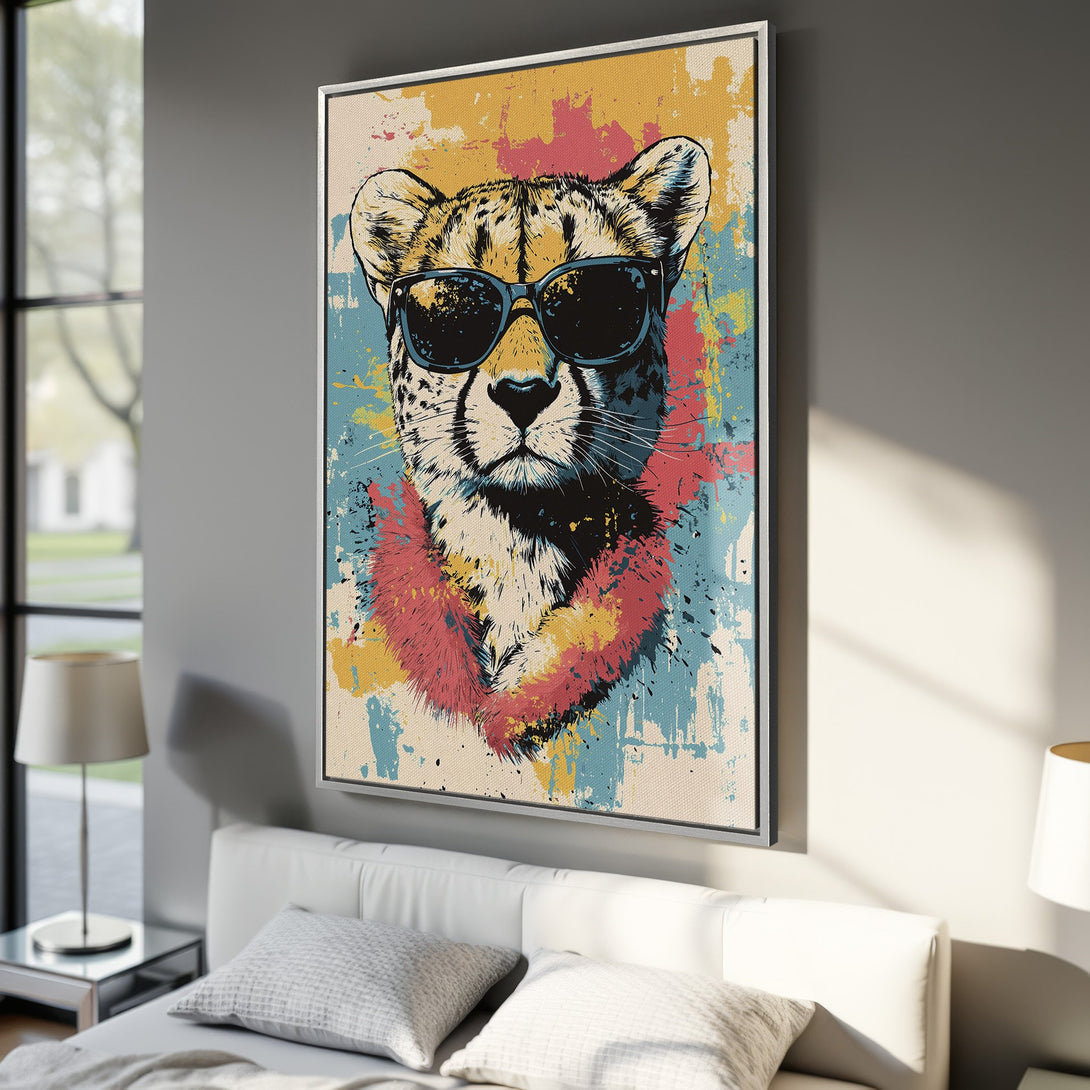 Framed Wall Art featuring a cool cheetah with sunglasses, pop art style, vibrant color palette. Perfect for modern home decor!