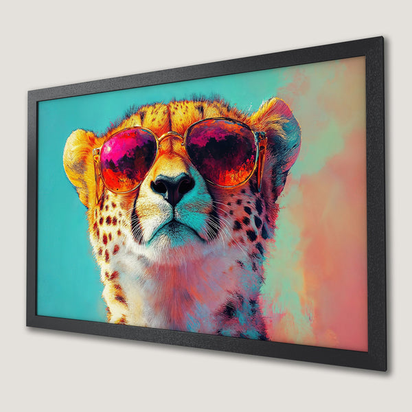 Framed Poster featuring a cool cheetah wearing sunglasses, vibrant pop art style with a colorful palette.