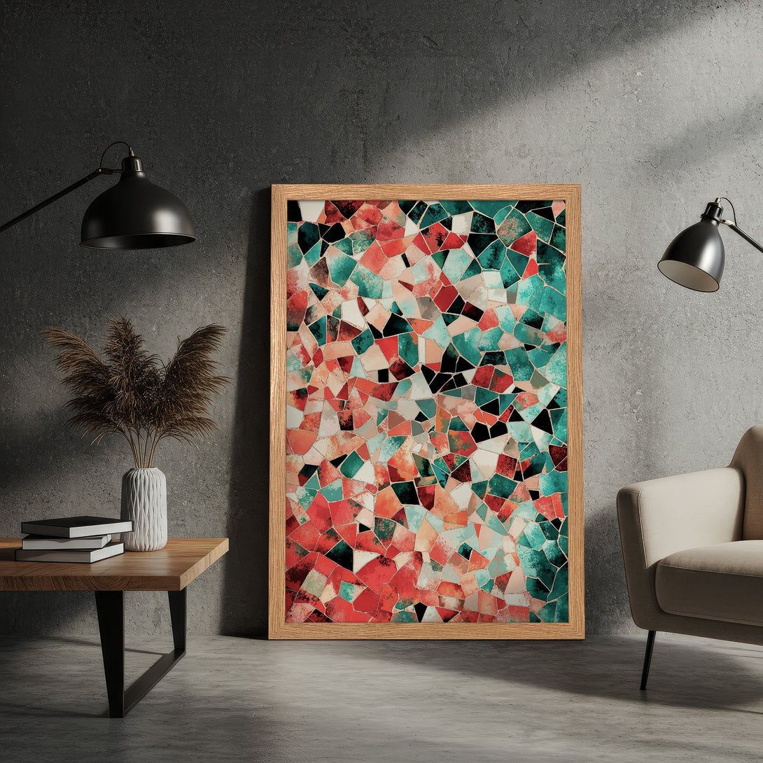 Framed Poster featuring abstract mosaic art in red, teal, and black. Modern wall decor for your home.