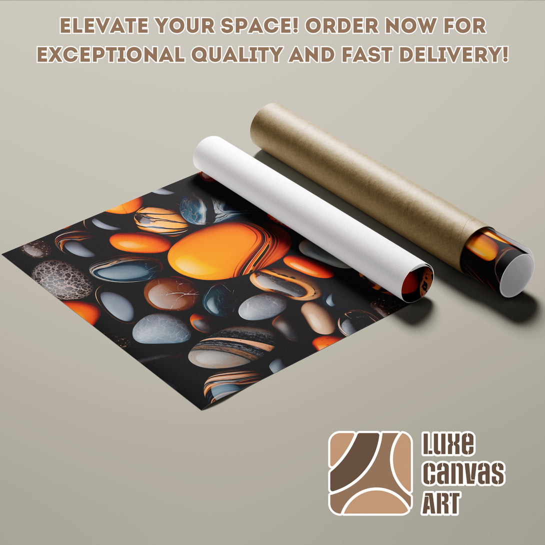 Poster Roll featuring abstract stone art in warm orange, gray, and black tones. Elevate your space with this stunning poster!