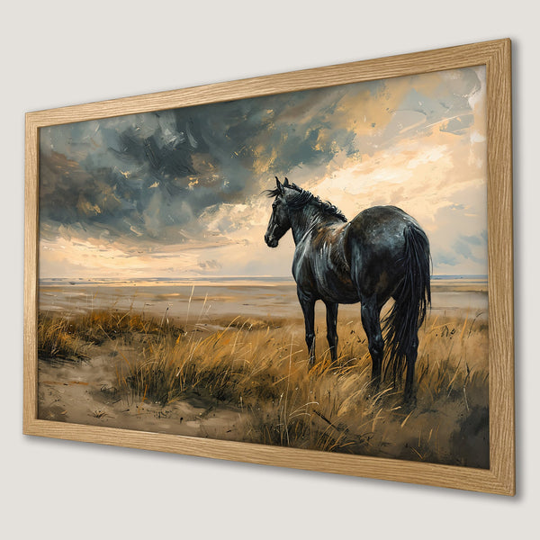 Framed Poster: Majestic horse art print in a natural wood frame. Dramatic sky & earthy tones create a stunning wall decor piece.