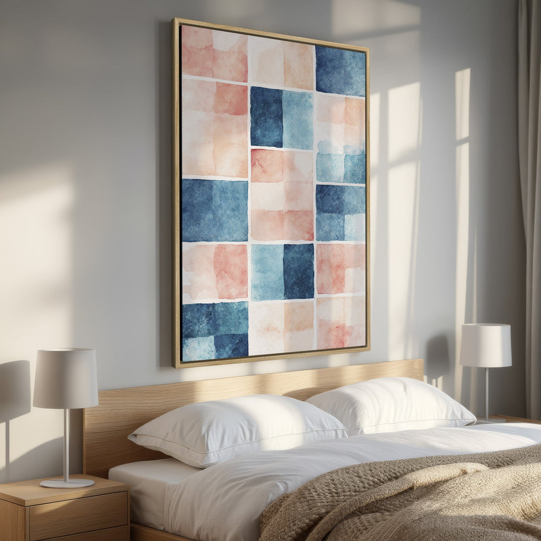 Framed Wall Art: Abstract watercolor print in a bedroom. Features a grid of blue and pink squares, creating a calming, modern aesthetic. Perfect for home decor!