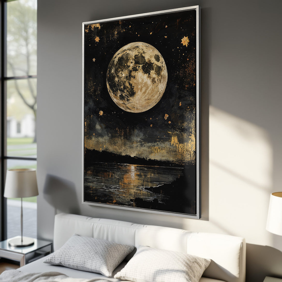 Framed Wall Art: Stunning moonlit landscape canvas print in black, gold, and neutral tones. Perfect for adding a touch of celestial elegance to any room.