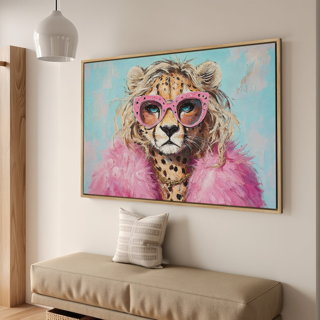 Framed Wall Art: Glamorous cheetah portrait in pink & blue. Modern, stylish canvas print for a chic interior. Add a touch of fun to your home!