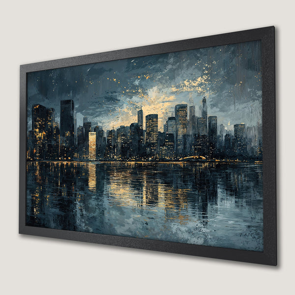 Framed Poster of a cityscape at night, painted in an impressionistic style with a dark blue and gold color palette.