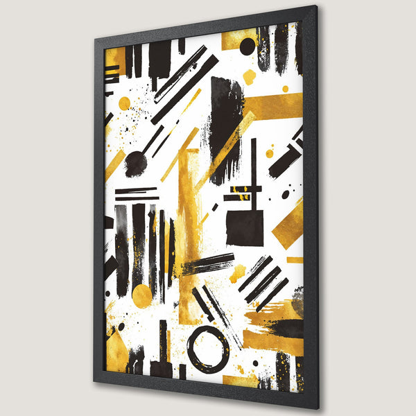 Framed Poster featuring abstract art with a black, gold, and white color palette. Modern art print perfect for any space.