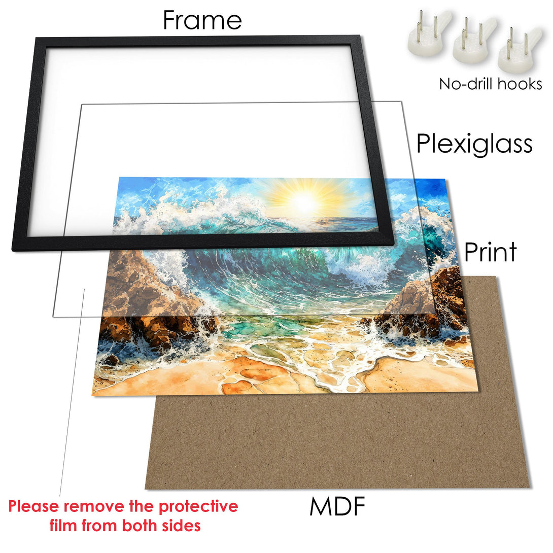 Framed Poster of a beach scene with vibrant blues, greens, and yellows. Perfect wall art!