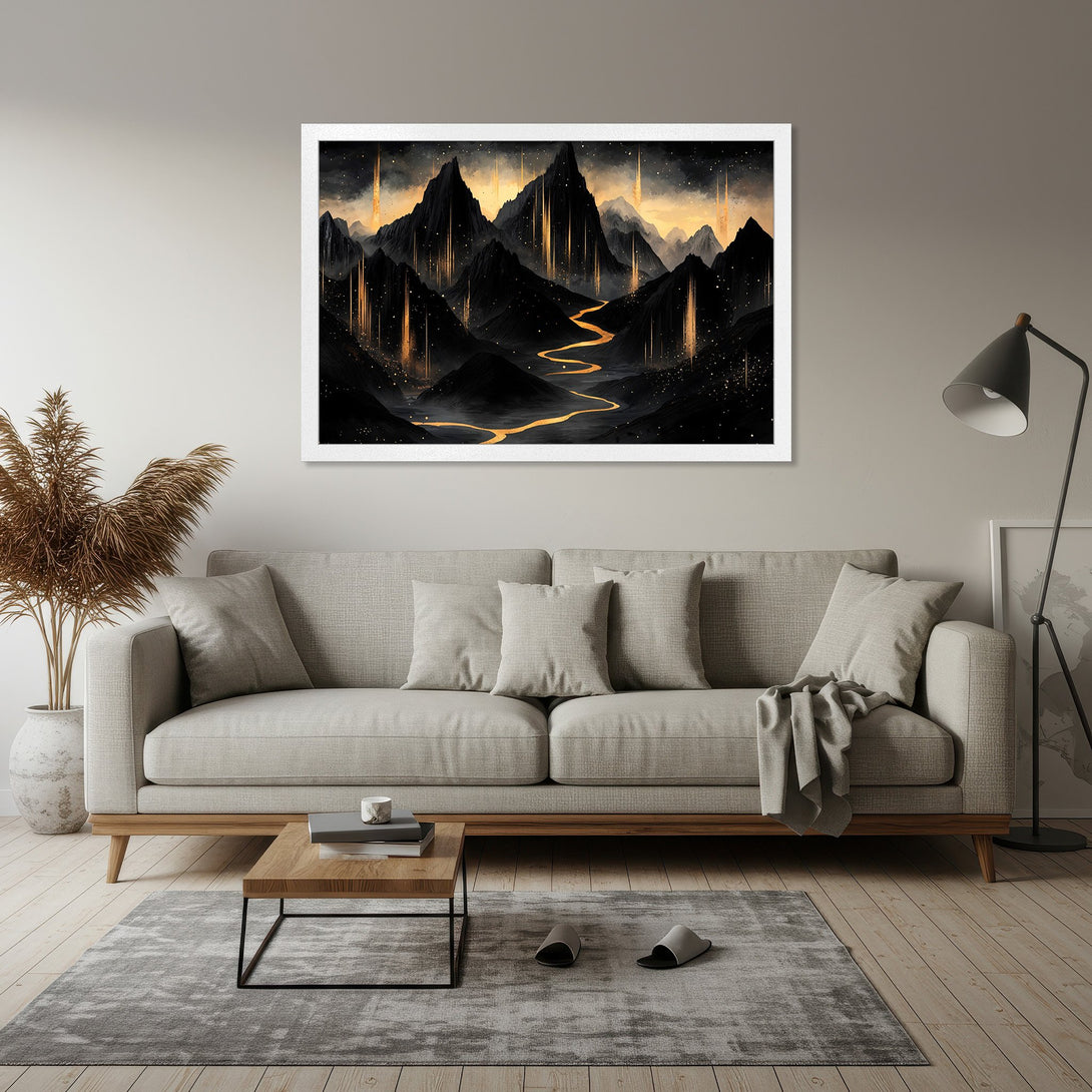 Framed Poster featuring a mountain landscape in black, gold, and gray. Modern art style, perfect for home decor.