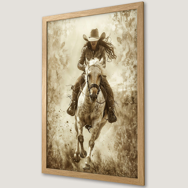 Framed Poster featuring a cowgirl riding a horse, sepia tones, vintage style. Perfect western decor for your home!