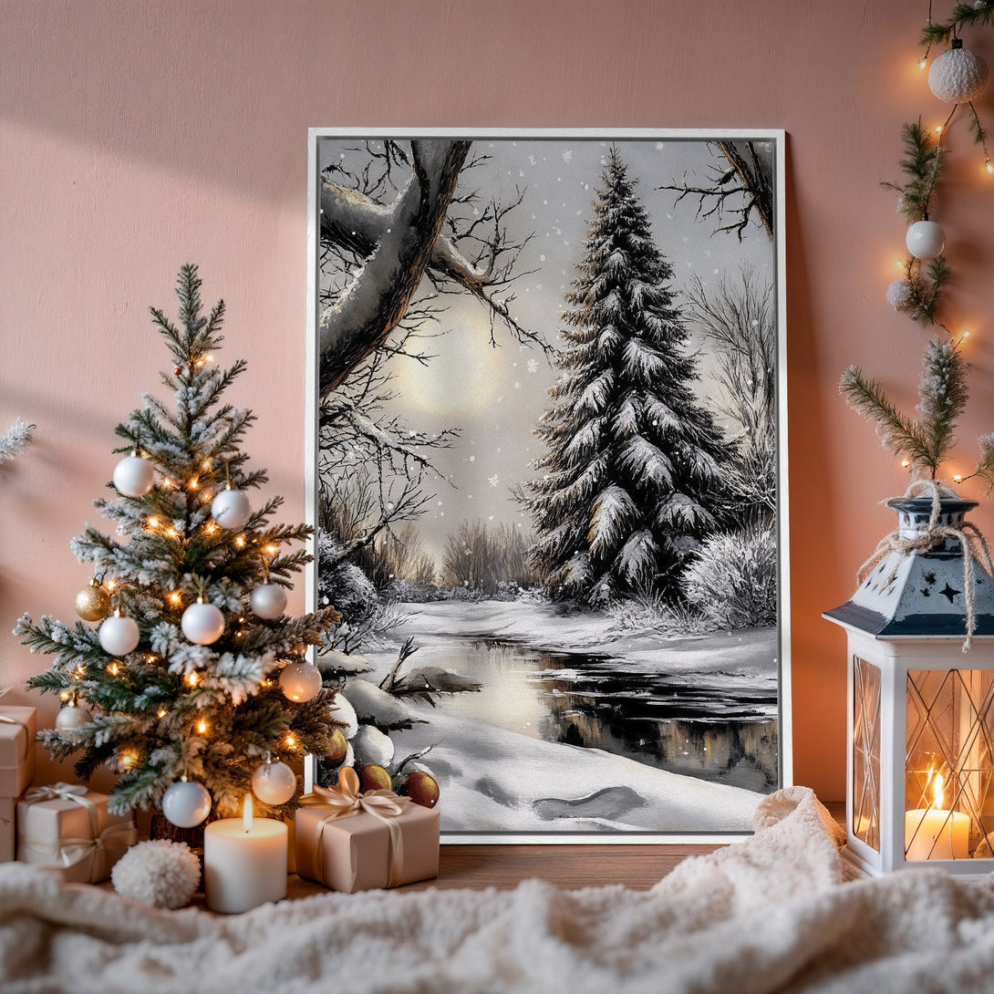Framed Wall Art: Winter landscape Canvas Print in a cozy interior. Black, white, and gray color palette. Perfect for holiday decor!
