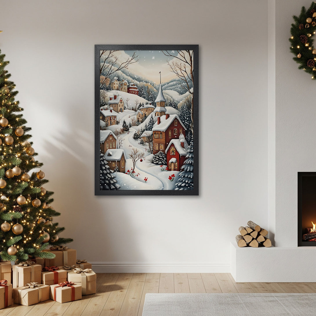 Framed Poster of a snowy village scene. Charming watercolor style with a warm, inviting color palette, perfect for holiday decor.