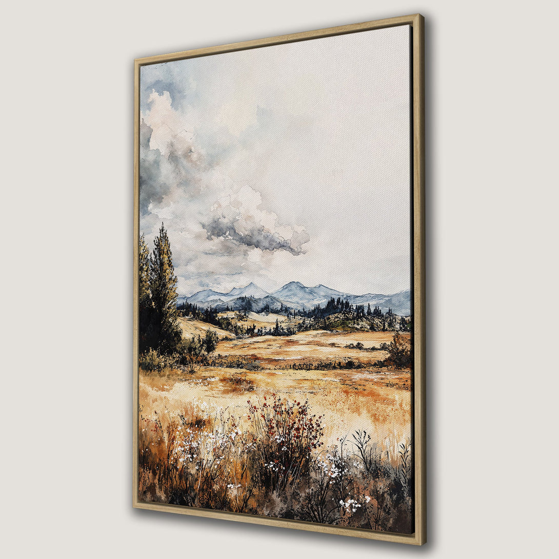 Framed Wall Art: Watercolor landscape Canvas Print in warm earth tones. Features a serene mountain scene with a muted color palette. Perfect for home decor.