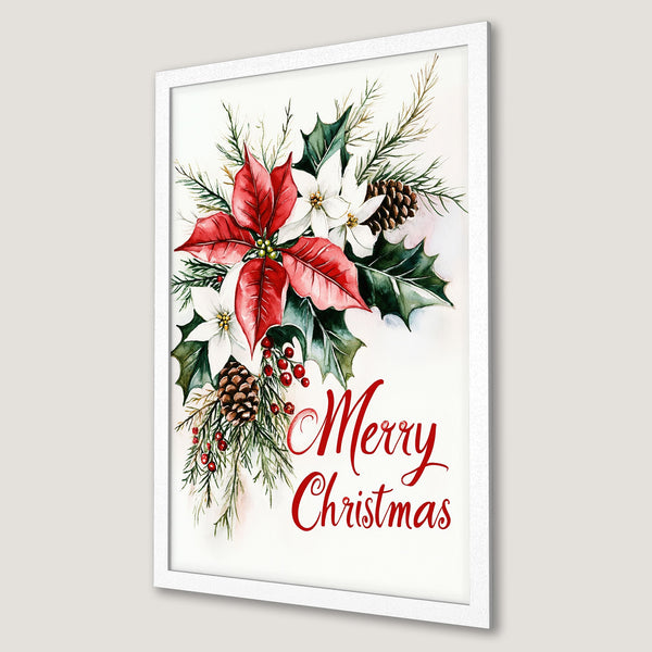 Framed Poster: Watercolor Christmas floral art with red, green, and white. Festive holiday decor for your home.