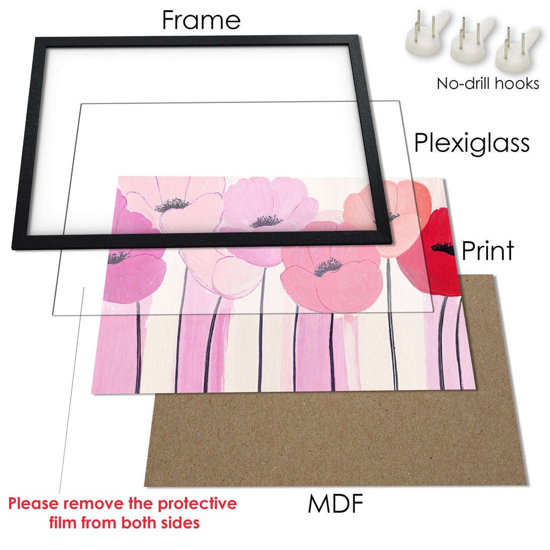 Framed Poster featuring pink floral art. Modern style with a soft pink and white color palette. Perfect wall decor.