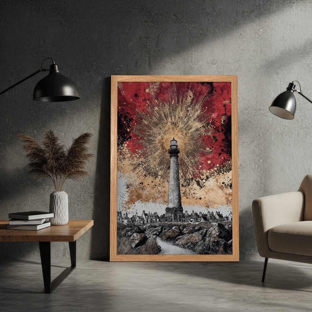 Framed Poster featuring a lighthouse with a striking red and gold abstract background. Modern art style, perfect for home decor.