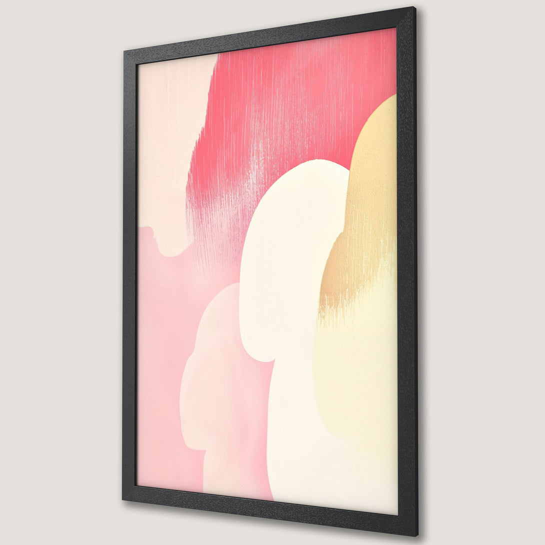 Framed Poster featuring abstract art with brushstroke style in pink, cream, and yellow color palette. Modern wall art for home decor.