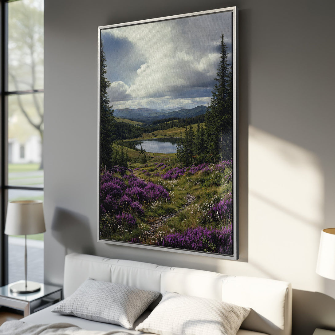 Framed Wall Art: Stunning landscape Canvas Print featuring a serene lake scene with purple wildflowers and a moody sky. Bring nature's beauty indoors!