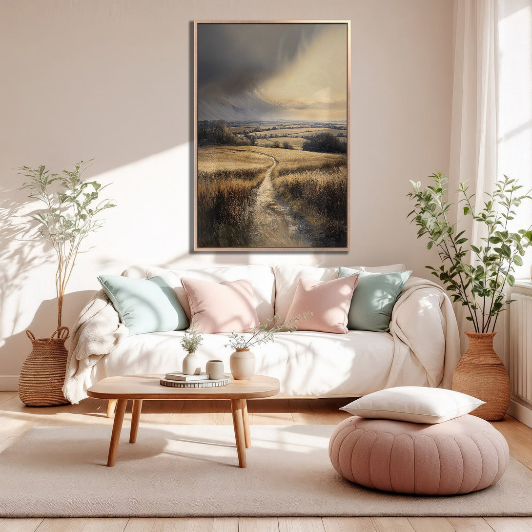 Framed Wall Art: Serene landscape Canvas Print with warm neutral tones. Perfect for adding a touch of calm to your living room decor.
