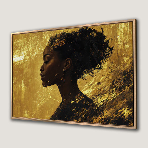 Framed Wall Art: Abstract portrait of a woman in gold and black. Modern art canvas print with a luxurious, textured finish.