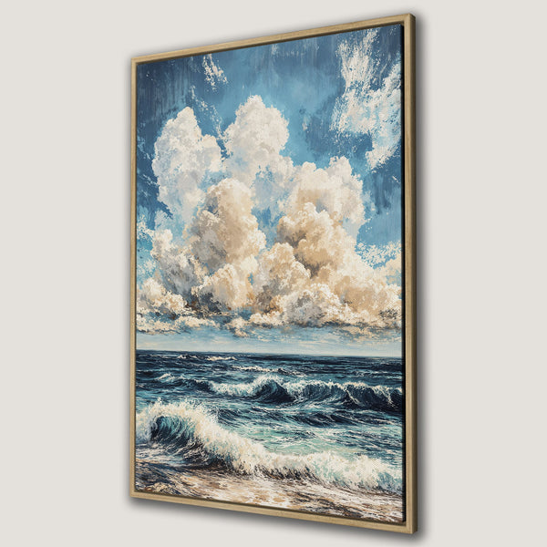 Framed Wall Art: Dramatic ocean waves canvas print with a blue and beige color palette. Coastal art perfect for any home decor style.