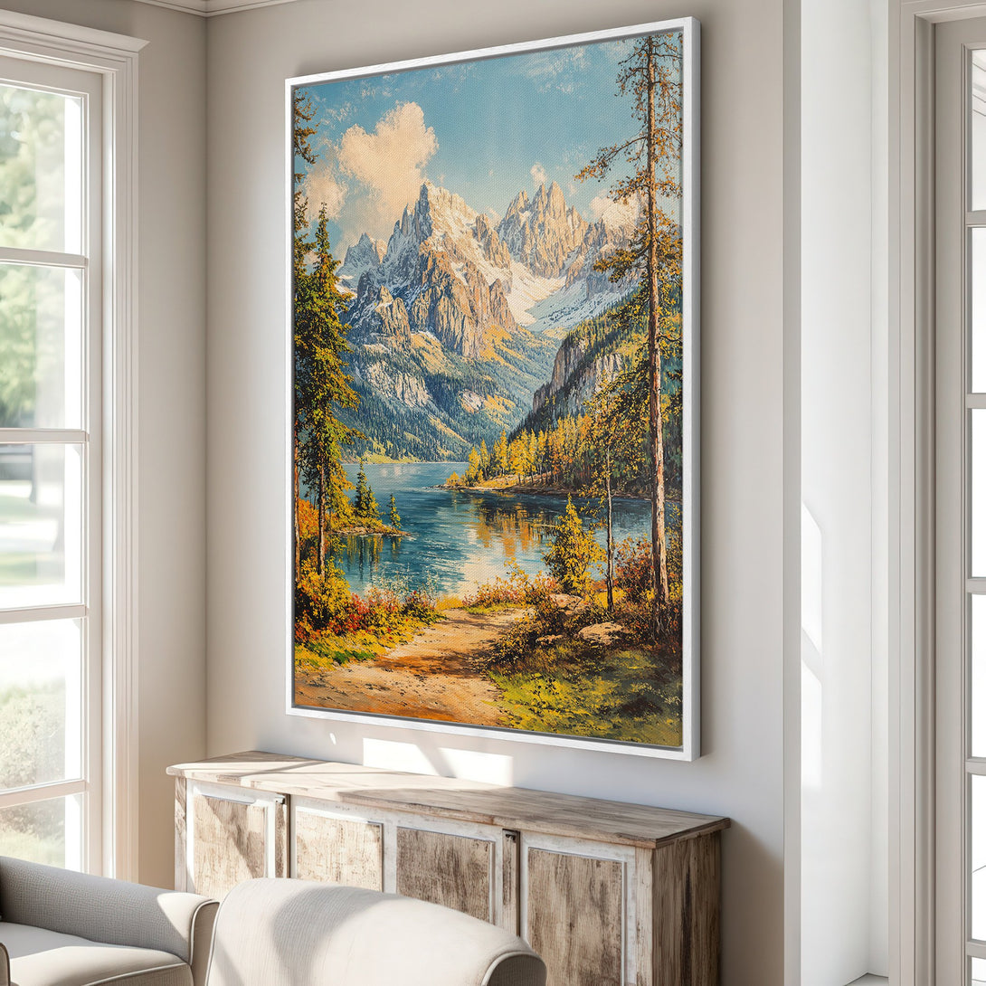 Framed Wall Art of a serene mountain lake scene. Classic landscape painting with warm, autumnal colors. Perfect for adding a touch of nature to your home.